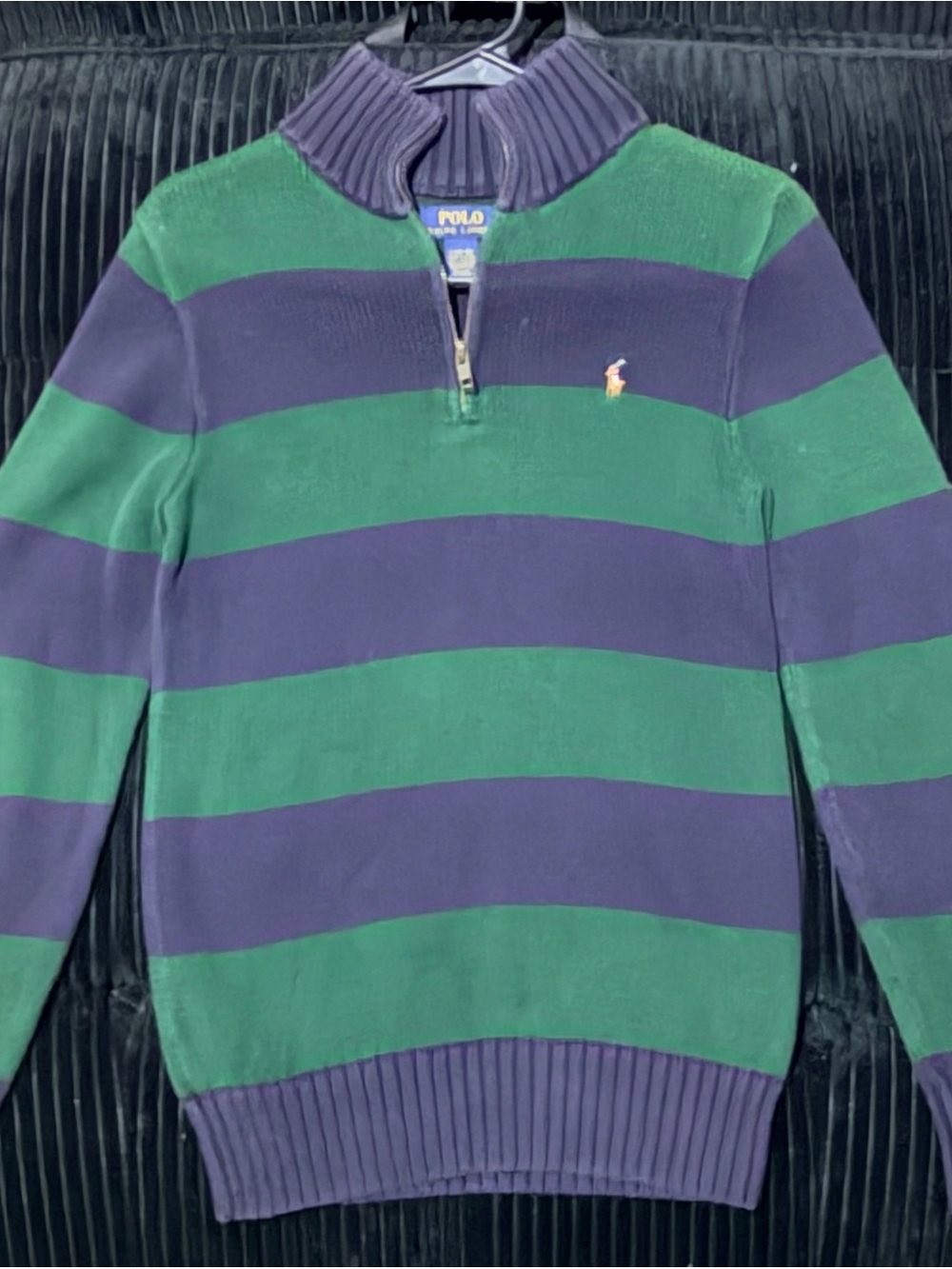 Polo Ralph Lauren Boys L 14-16 Green Navy Striped 1/4 Zip Sweater